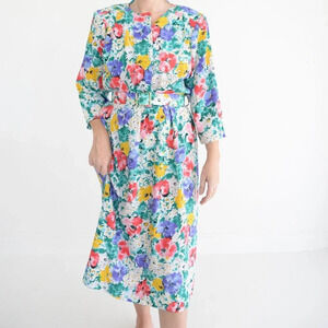 Vintage 90's Demaro White w  Watercolor Florals Belted Midi Dress 11/12